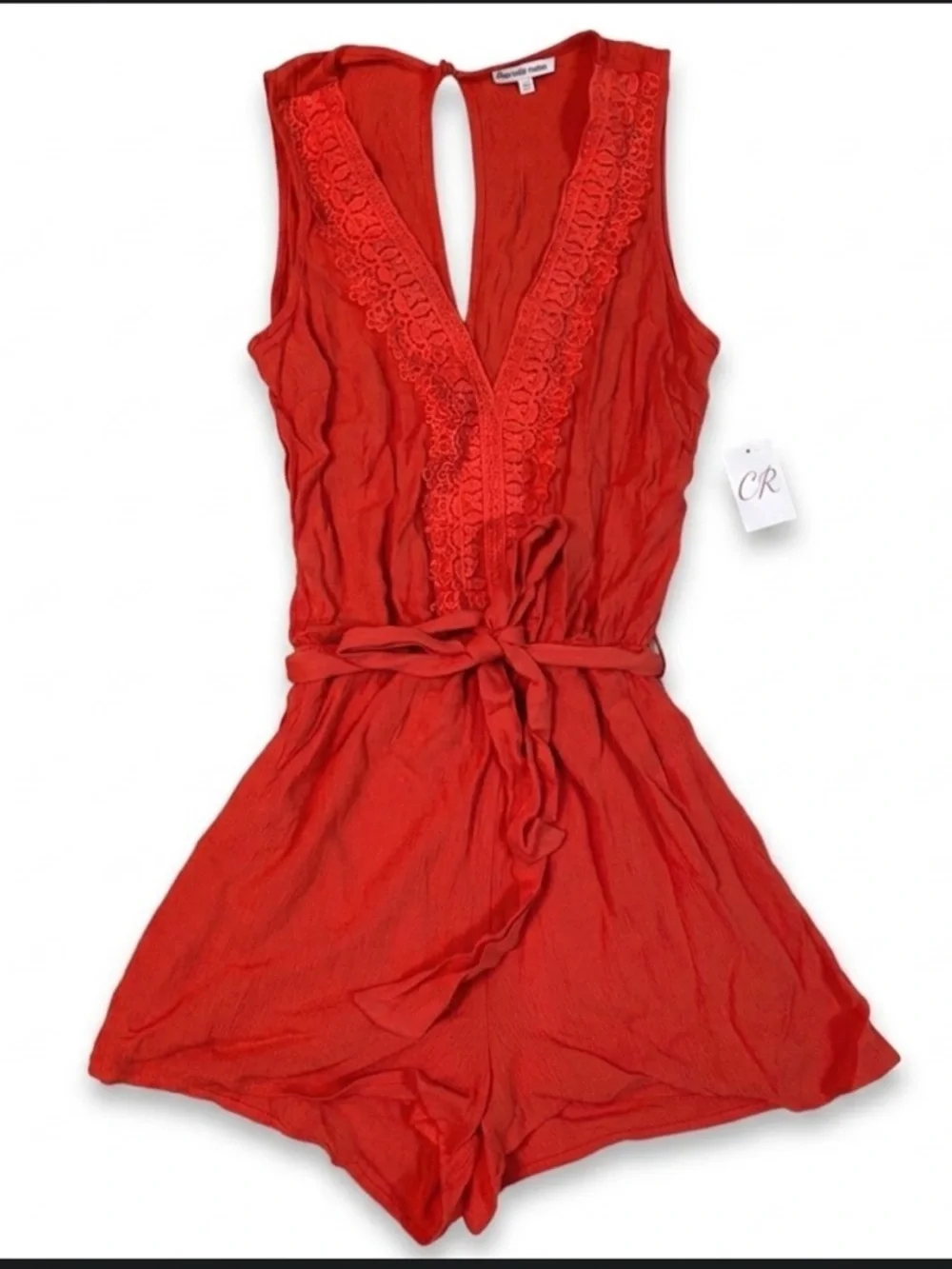 Charlotte Russe Coral-Red Crochet Trim Romper - Picture 2 of 4